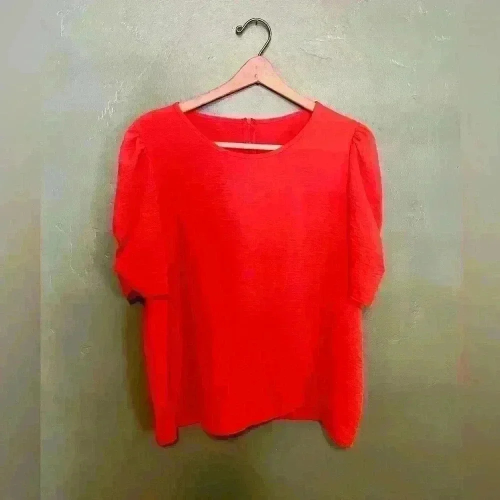 Orange Puff Sleeve Crew Neck Blouse with Zipper in Back, Size: XL